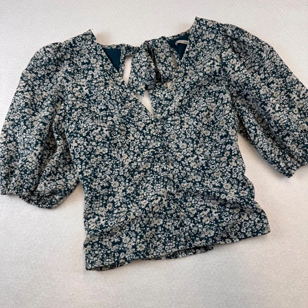 Abercrombie Fitch Floral Puff Sleeve Tie Back Blouse Top Womens M Emerald Green